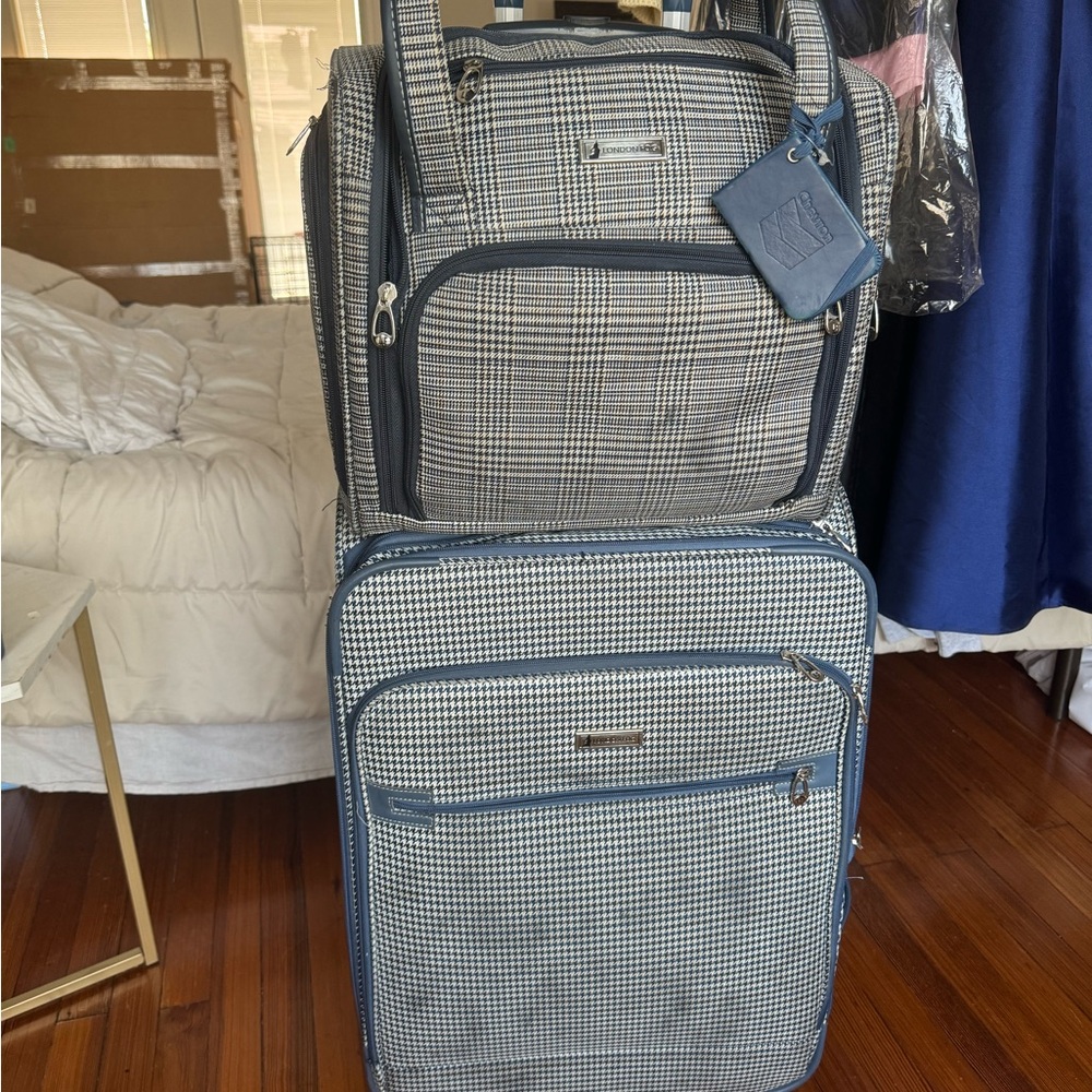 Plaid Luggage Set with Blue Accents